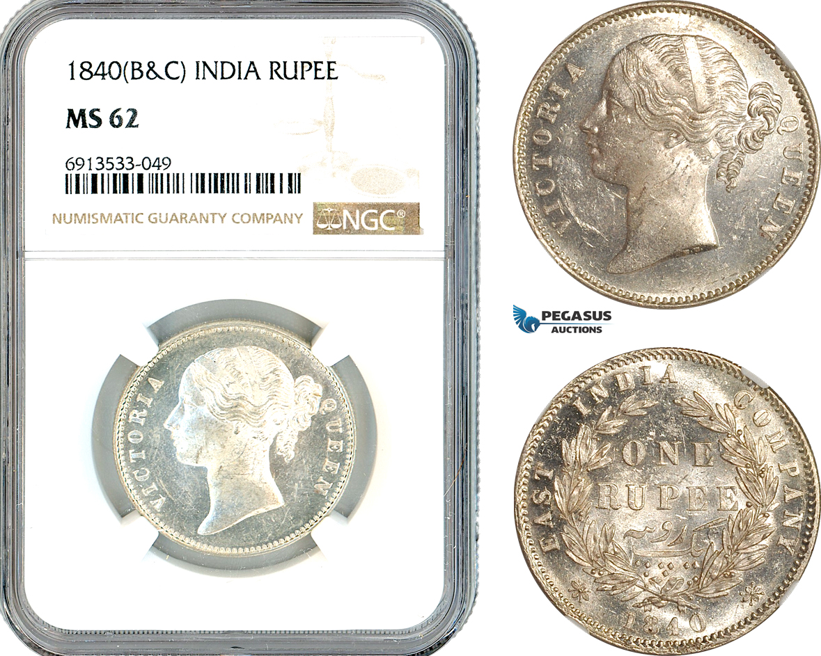 AK323, India (British) Victoria, 1 Rupee 1840 B&C, Silver, NGC MS62