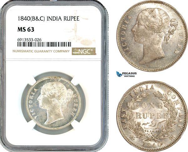 AK324, India (British) Victoria, 1 Rupee 1840 B&C, Silver, NGC MS63