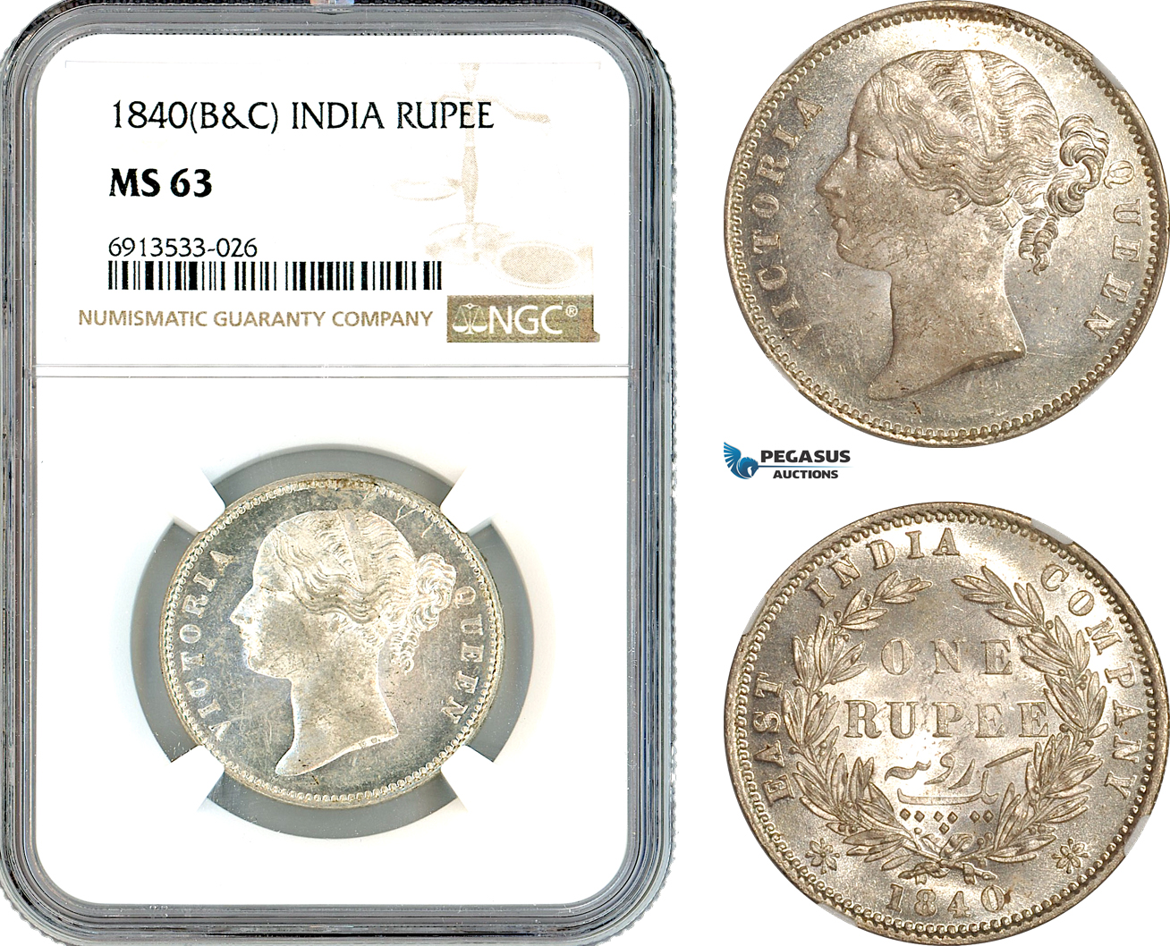 AK324, India (British) Victoria, 1 Rupee 1840 B&C, Silver, NGC MS63