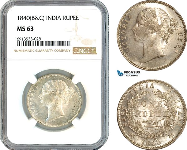 AK325, India (British) Victoria, 1 Rupee 1840 B&C, Silver, NGC MS63
