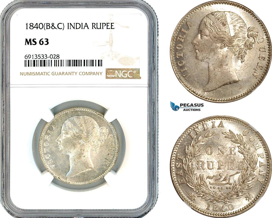 AK325, India (British) Victoria, 1 Rupee 1840 B&C, Silver, NGC MS63