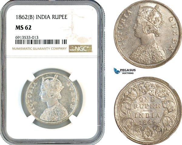 AK326, India (British) Victoria, 1 Rupee 1862 B, Bombay Mint, Silver, NGC MS62