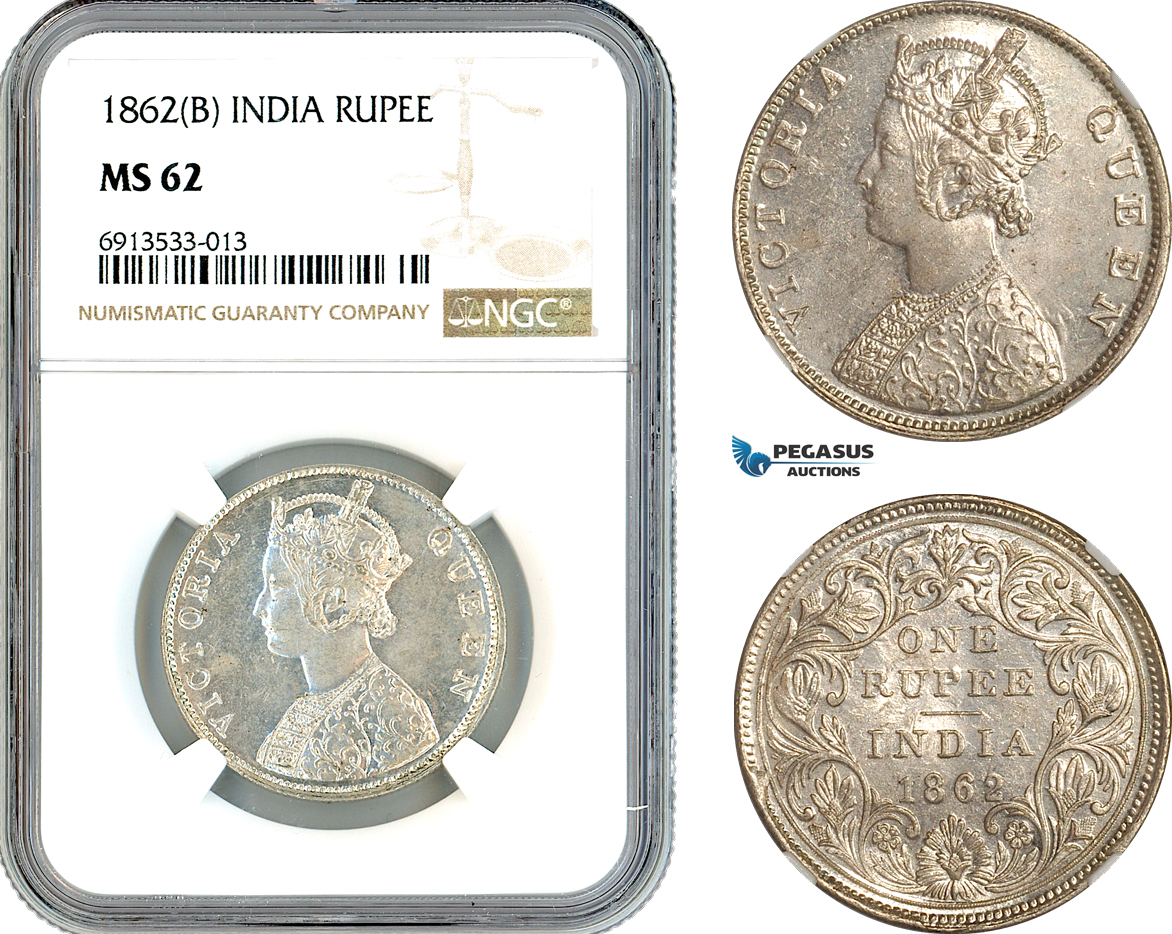 AK326, India (British) Victoria, 1 Rupee 1862 B, Bombay Mint, Silver, NGC MS62