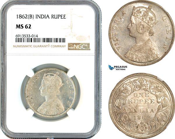 AK327, India (British) Victoria, 1 Rupee 1862 B, Bombay Mint, Silver, NGC MS62