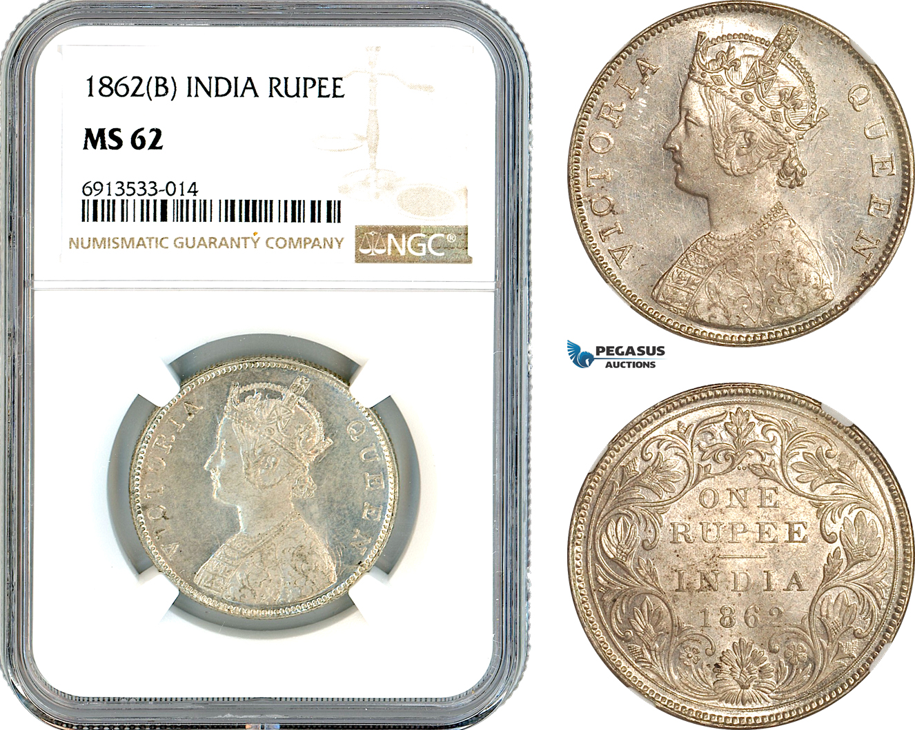 AK327, India (British) Victoria, 1 Rupee 1862 B, Bombay Mint, Silver, NGC MS62