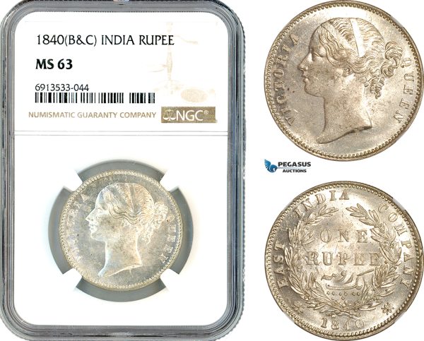 AK328, India (British) Victoria, 1 Rupee 1840 B&C, Silver, NGC MS63