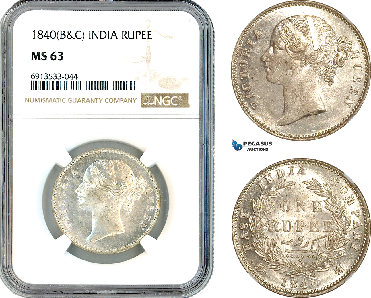 AK328, India (British) Victoria, 1 Rupee 1840 B&C, Silver, NGC MS63