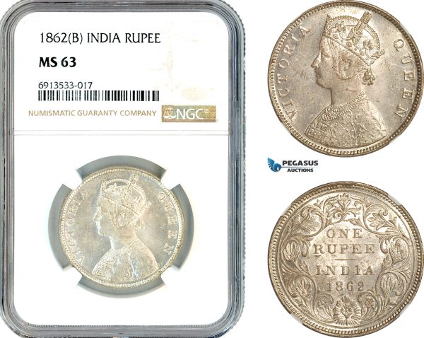 AK329, India (British) Victoria, 1 Rupee 1862 B, Bombay Mint, Silver, NGC MS63