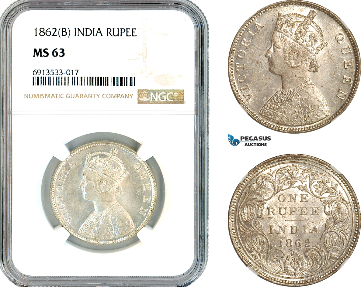 AK329, India (British) Victoria, 1 Rupee 1862 B, Bombay Mint, Silver, NGC MS63