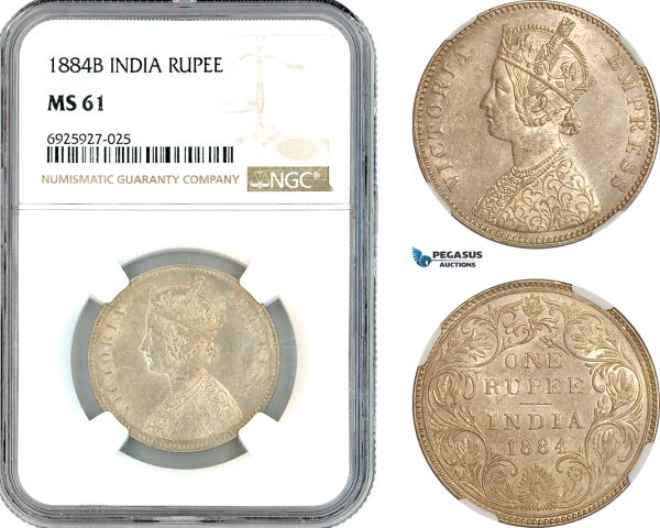 AK330, India (British) Victoria, 1 Rupee 1884 B, Bombay Mint, Silver, NGC MS61