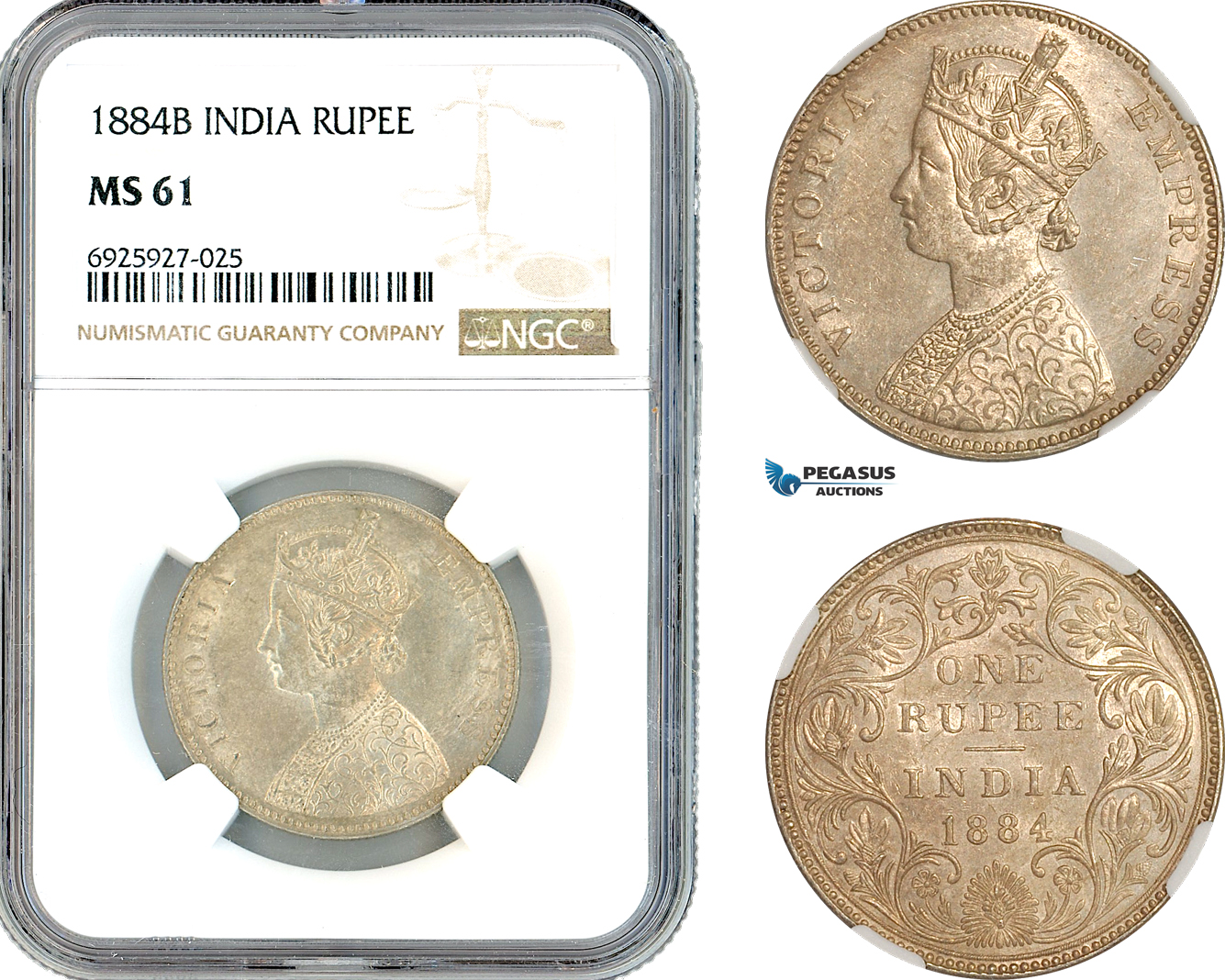 AK330, India (British) Victoria, 1 Rupee 1884 B, Bombay Mint, Silver, NGC MS61