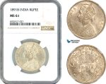 AK331, India (British) Victoria, 1 Rupee 1891 B, Bombay Mint, Silver, NGC MS61
