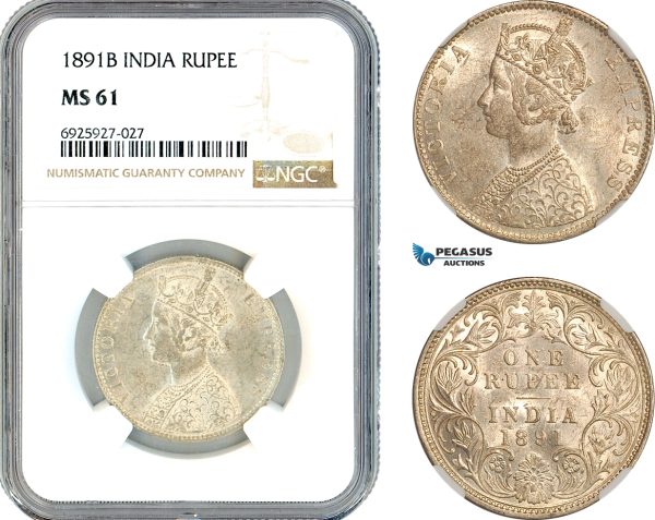 AK331, India (British) Victoria, 1 Rupee 1891 B, Bombay Mint, Silver, NGC MS61