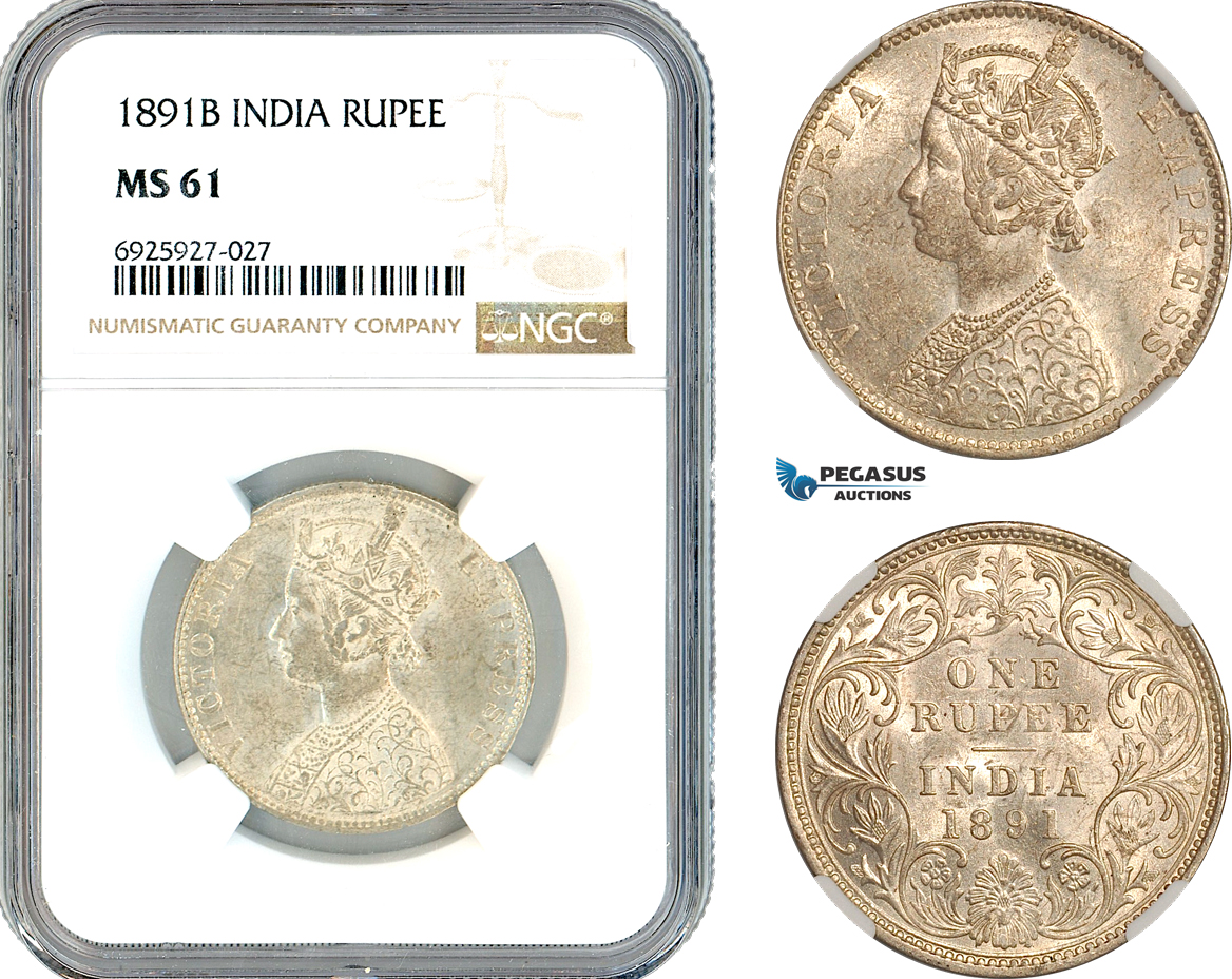 AK331, India (British) Victoria, 1 Rupee 1891 B, Bombay Mint, Silver, NGC MS61
