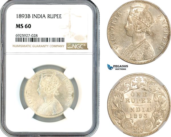 AK332, India (British) Victoria, 1 Rupee 1893 B, Bombay Mint, Silver, NGC MS60
