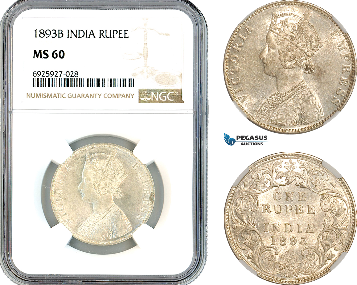 AK332, India (British) Victoria, 1 Rupee 1893 B, Bombay Mint, Silver, NGC MS60
