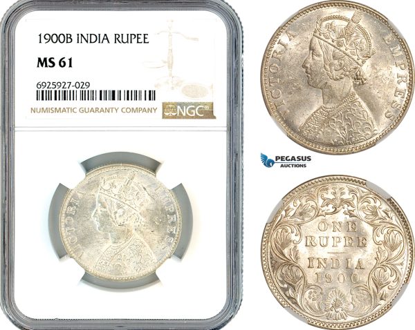 AK333, India (British) Victoria, 1 Rupee 1900 B, Bombay Mint, Silver, NGC MS61
