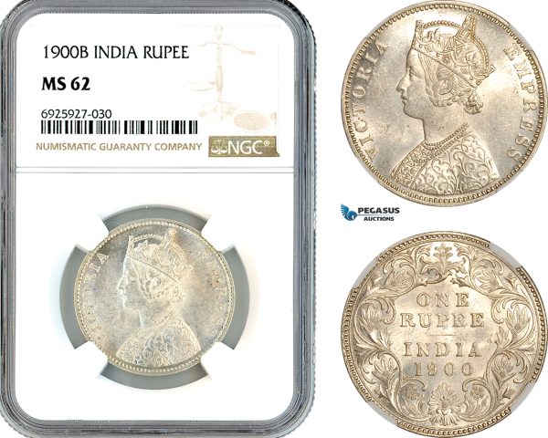 AK334, India (British) Victoria, 1 Rupee 1900 B, Bombay Mint, Silver, NGC MS62