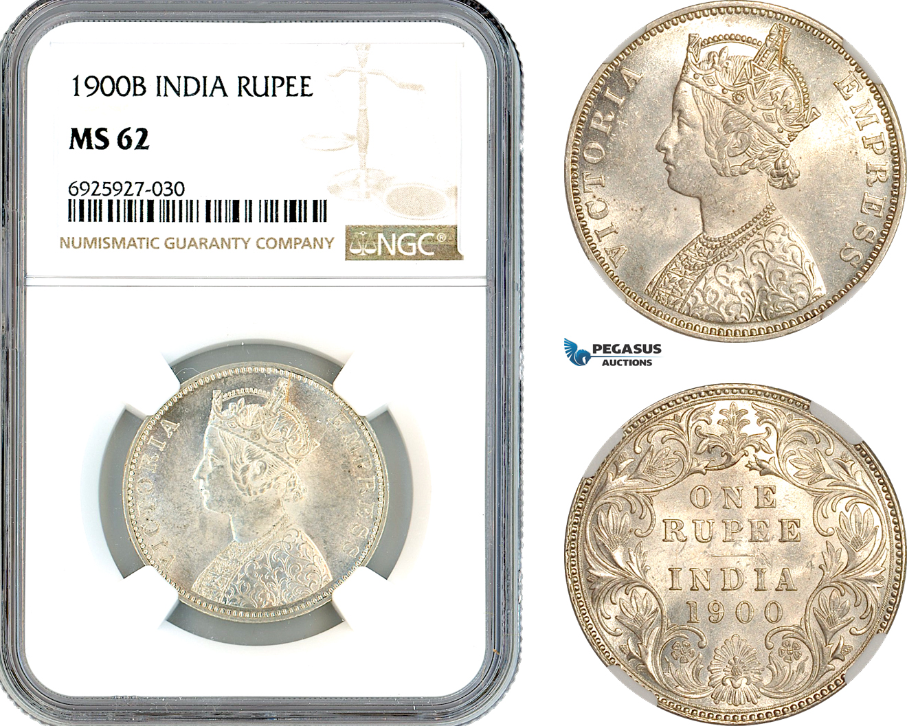 AK334, India (British) Victoria, 1 Rupee 1900 B, Bombay Mint, Silver, NGC MS62