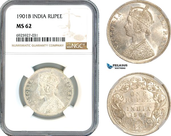 AK335, India (British) Victoria, 1 Rupee 1901 B, Bombay Mint, Silver, NGC MS62