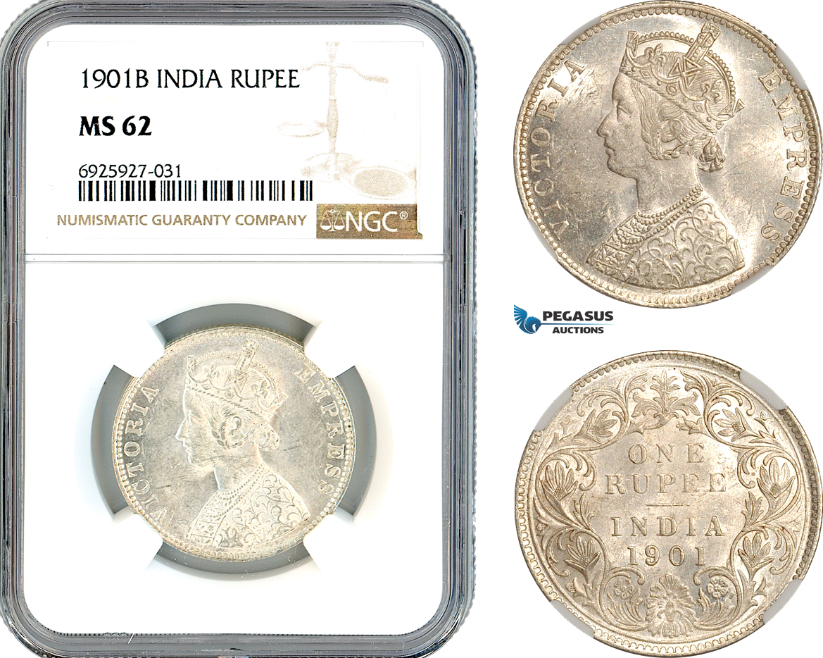 AK335, India (British) Victoria, 1 Rupee 1901 B, Bombay Mint, Silver, NGC MS62