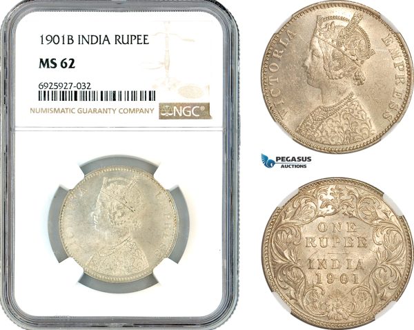 AK336, India (British) Victoria, 1 Rupee 1901 B, Bombay Mint, Silver, NGC MS62