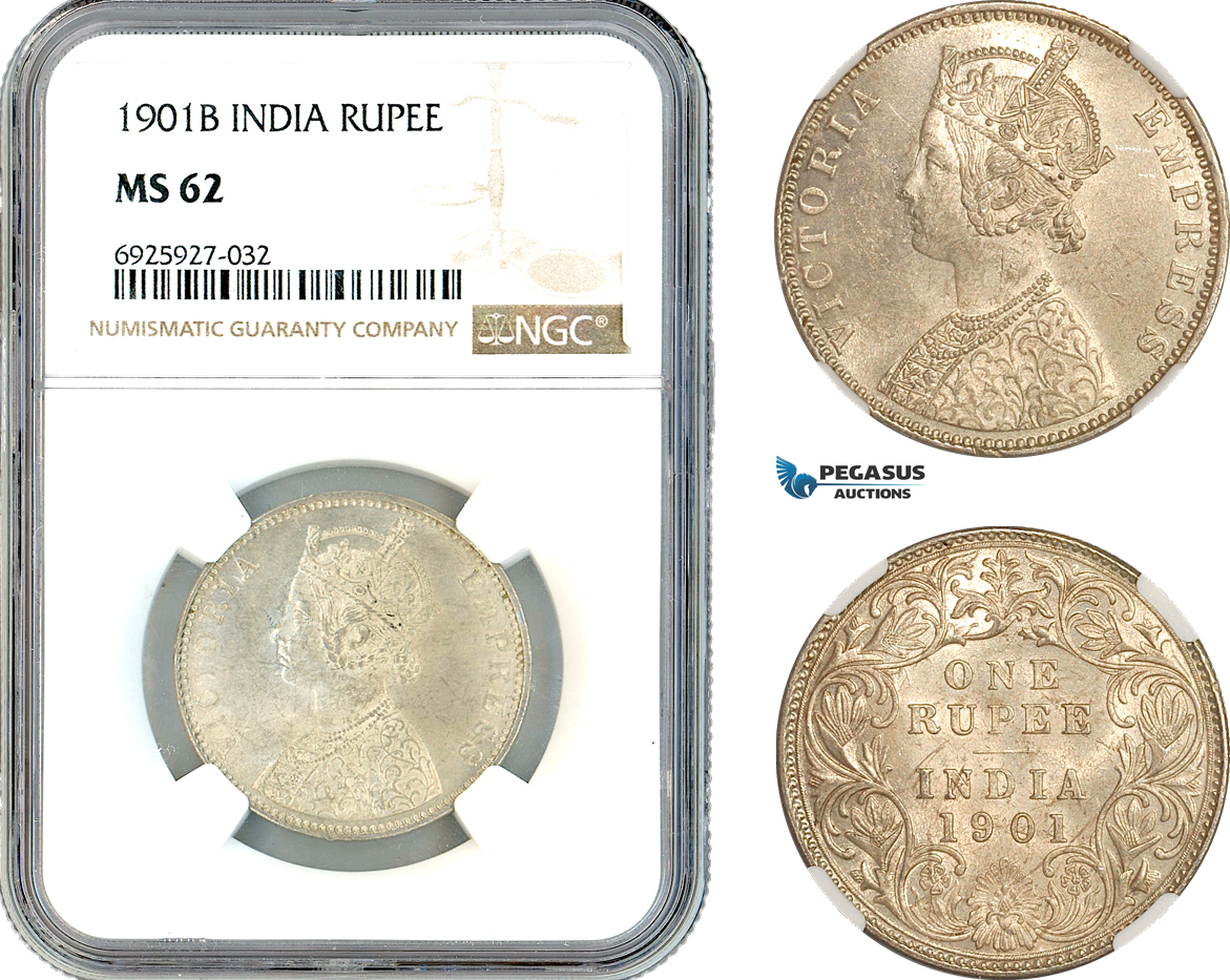 AK336, India (British) Victoria, 1 Rupee 1901 B, Bombay Mint, Silver, NGC MS62