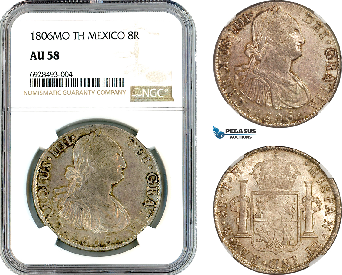 AK338, Mexico, Charles IV, 8 Reales 1806 MO TH, Mexico Mint, Silver, NGC AU58