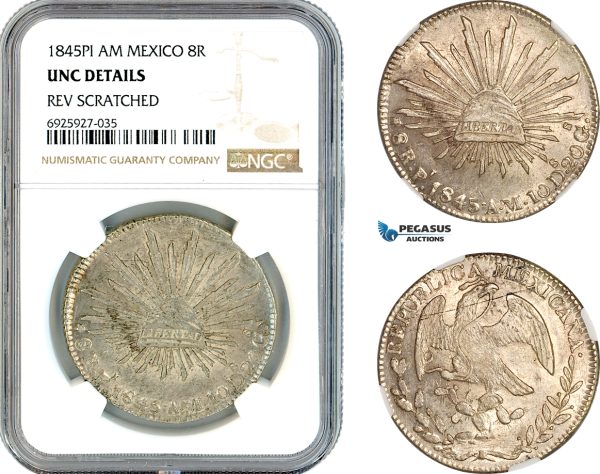AK339, Mexico, 8 Reales 1845 PI AM, Potosi Mint, Silver, NGC UNC Details