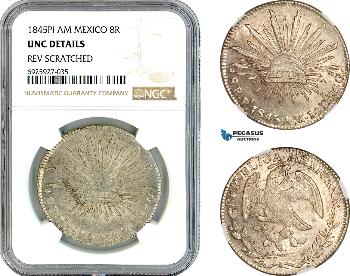 AK339, Mexico, 8 Reales 1845 PI AM, Potosi Mint, Silver, NGC UNC Details