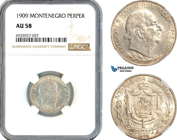 AK341, Montenegro, Nicholas I, 1 Perper 1909, Silver, NGC AU58