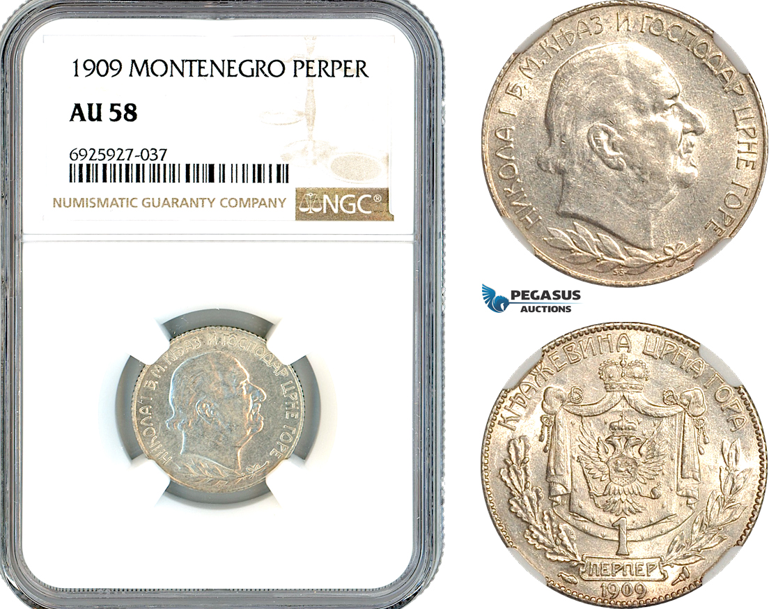 AK341, Montenegro, Nicholas I, 1 Perper 1909, Silver, NGC AU58
