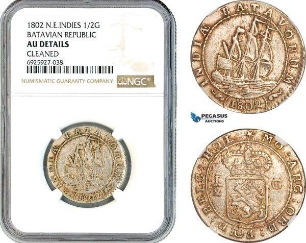 AK342, Netherlands East Indies, Batavian Republic 1/2 Gulden 1802, Silver, NGC AU Details