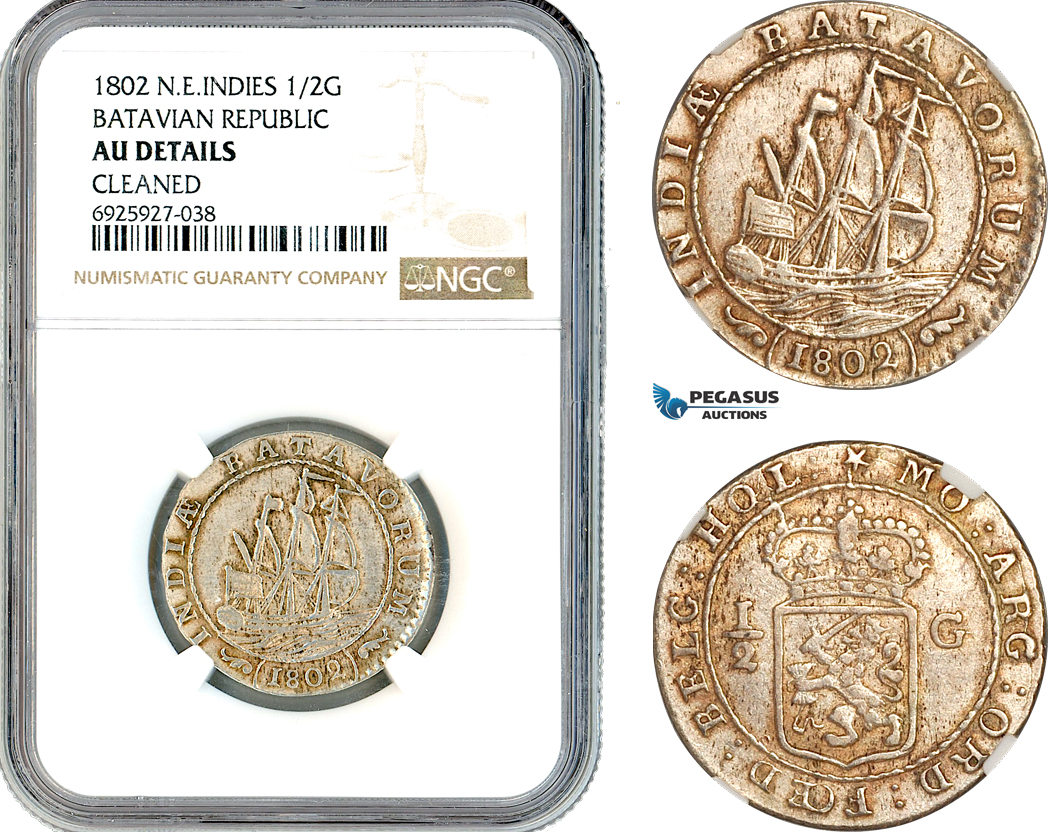 AK342, Netherlands East Indies, Batavian Republic 1/2 Gulden 1802, Silver, NGC AU Details