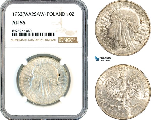 AK343, Poland, 10 Zlotych 1932, Warsaw Mint, Silver, NGC AU55