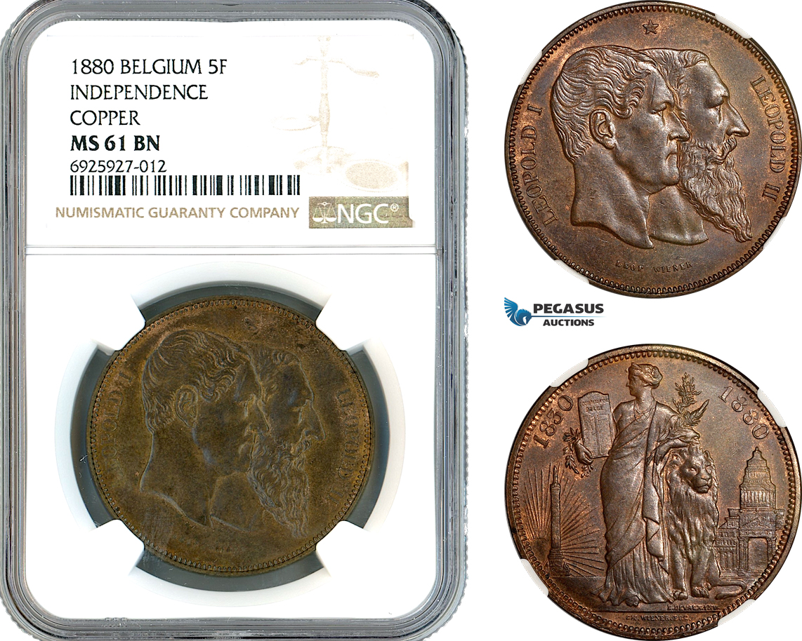AK350, Belgium, Leopold II, 5 Francs 1880 Copper Medallic Issue, 50 Years of Belgian Independence, NGC MS61BN