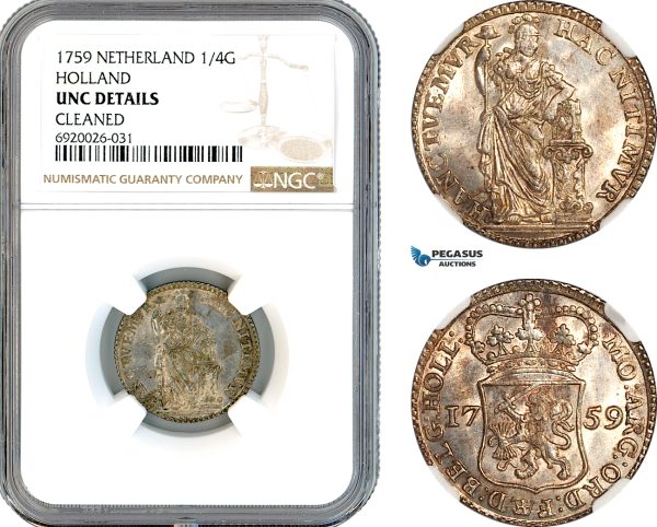 AK360, Netherlands, Holland, 1/4 Gulden 1759, Silver, NGC UNC Details