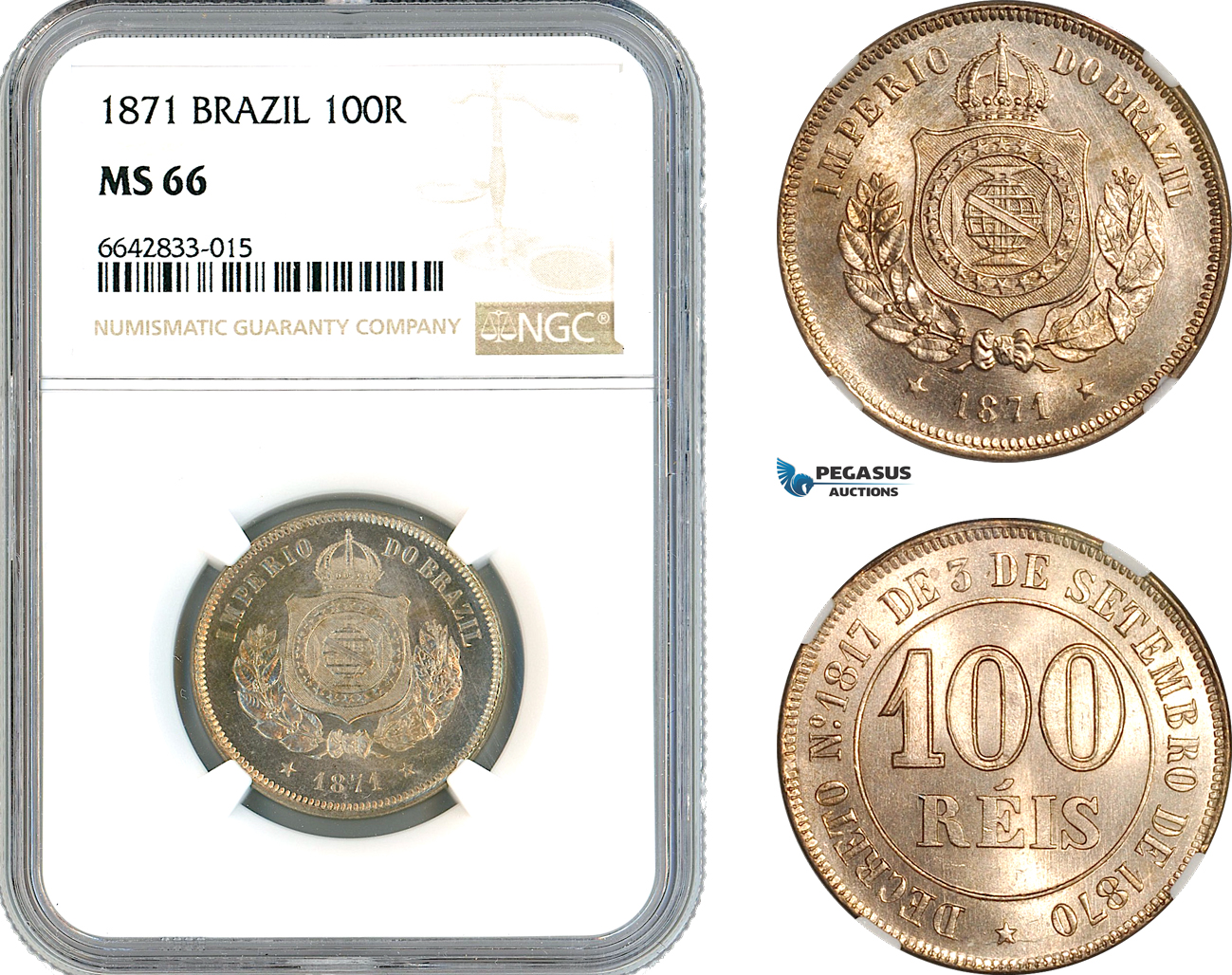 AK367, Brazil, Pedro II, 100 Reis 1871, Rio de Janeiro Mint, NGC MS66, Top Pop!