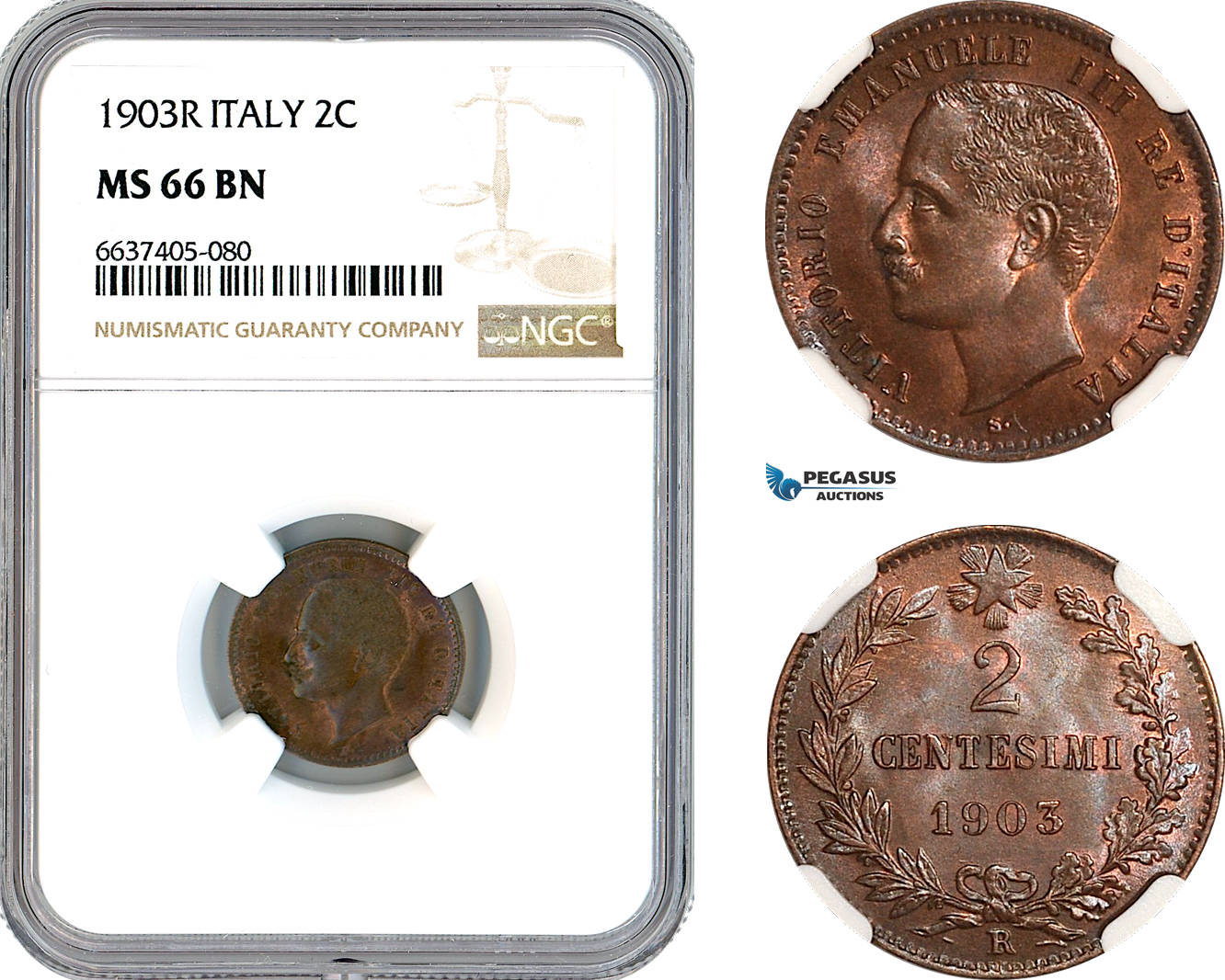 AK368, Italy, Vittorio Emanuele III, 2 Centesimi 1903 R, Rome Mint, NGC MS66BN, Top Pop!