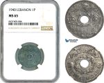 AK369, Lebanon, 1 Piastre 1940, Paris Mint, NGC MS65, Top Pop!