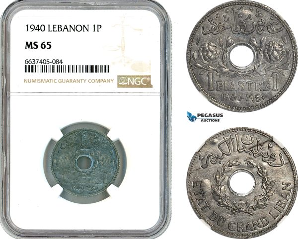 AK369, Lebanon, 1 Piastre 1940, Paris Mint, NGC MS65, Top Pop!