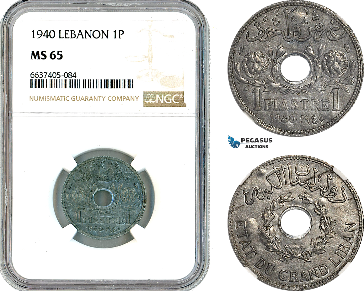 AK369, Lebanon, 1 Piastre 1940, Paris Mint, NGC MS65, Top Pop!