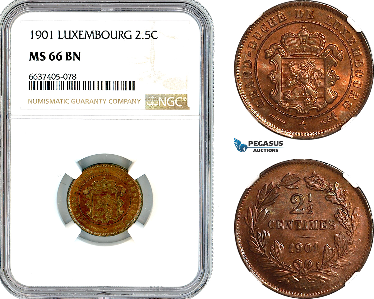 AK370, Luxembourg, Adolphe, 2 1/2 Centimes 1901, Brussels Mint, NGC MS66BN, Pop 1/0