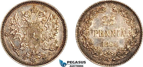 AK388, Finland, Alexander III. of Russia, 25 Pennia 1894, Helsinki Mint, Lightly cleaned, AU-UNC