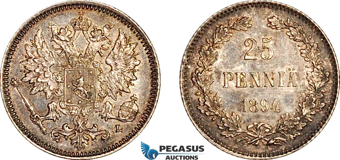 AK388, Finland, Alexander III. of Russia, 25 Pennia 1894, Helsinki Mint, Lightly cleaned, AU-UNC