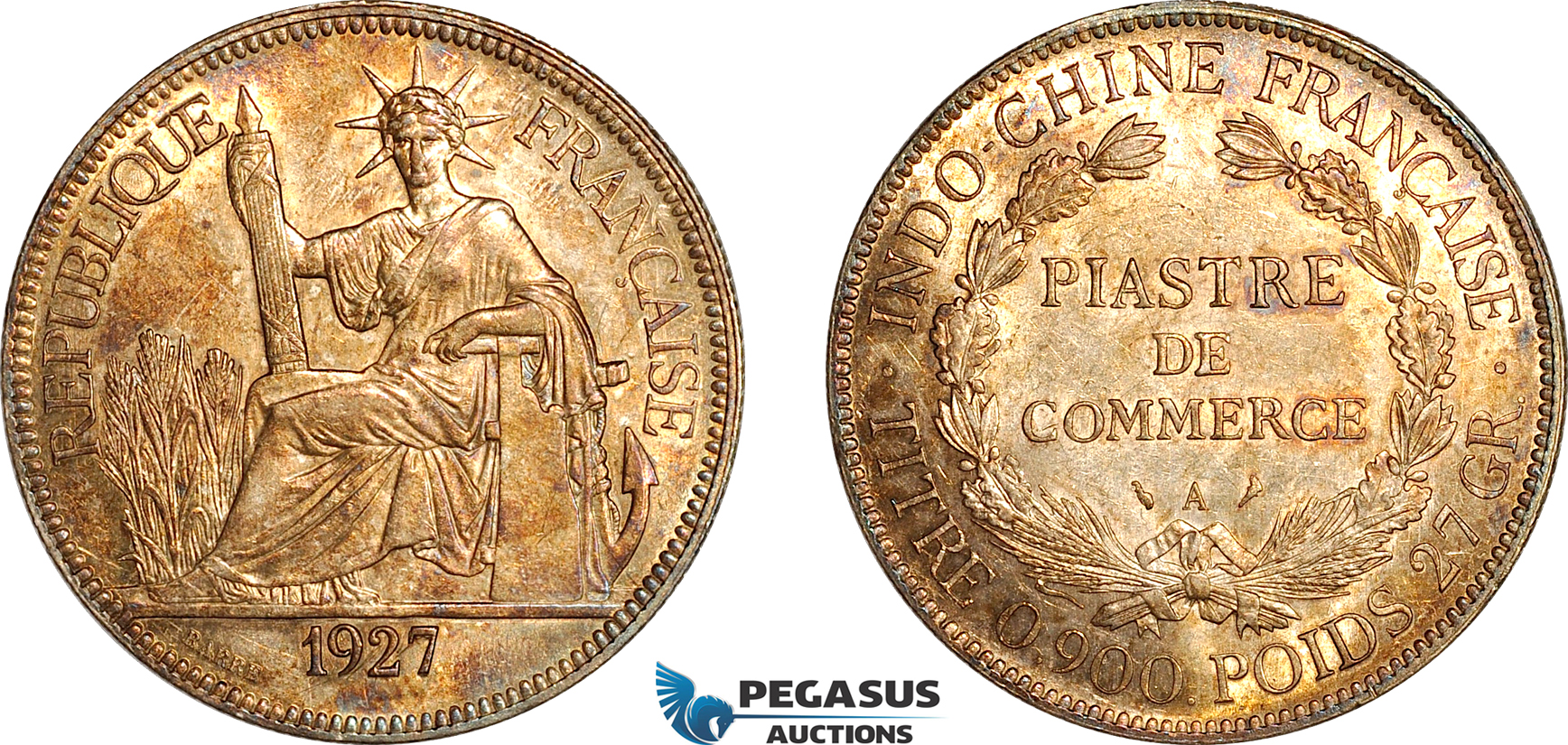 AK395, French Indo-China, Piastre 1927 A, Paris Mint, Silver, Lightly cleaned, AU