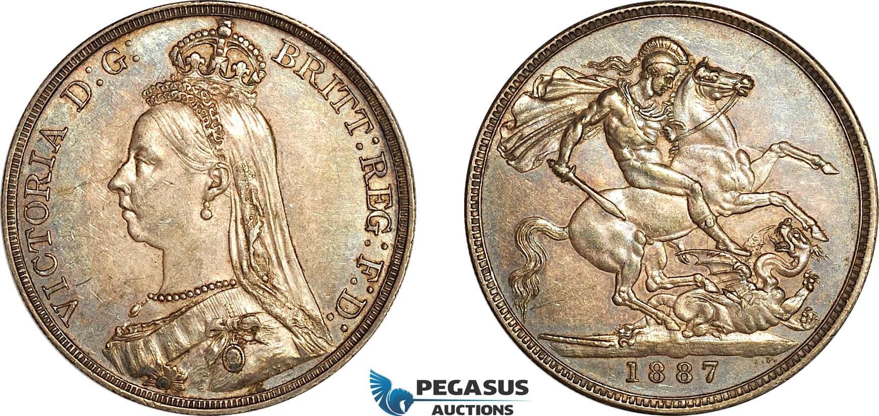 AK400, Great Britain, Victoria, Crown 1887 (Jubilee Head) London Mint, Silver, Toned AU