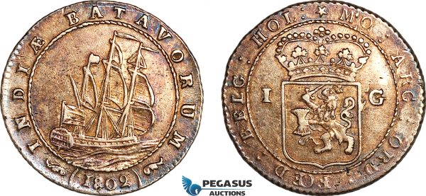 AK405, Netherlands East Indies, Batavian Republic 1 Gulden 1802, Silver, Lightly cleaned, XF-AU