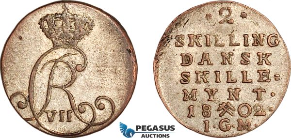 AK410, Norway, Christian VII, 2 Skilling 1802 IGM, Kongsberg Mint, Silver, AU