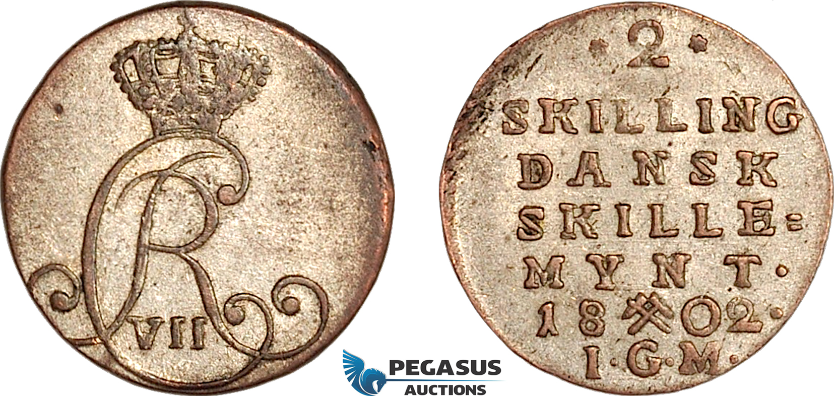 AK410, Norway, Christian VII, 2 Skilling 1802 IGM, Kongsberg Mint, Silver, AU